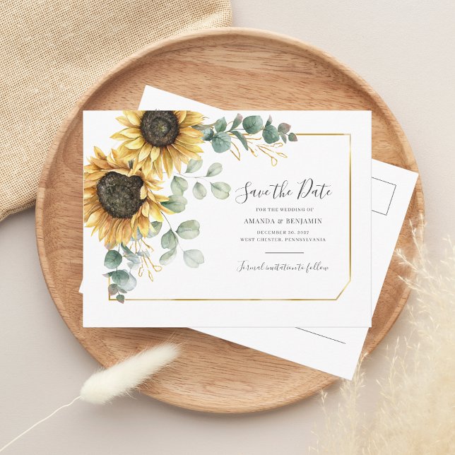 Carte Postale Faire-part Fleur florale Eucalyptus Date de sauvegarde géomét (Sunflower Floral Eucalyptus Wedding Save the Date Morgana Script Announcement Postcard)