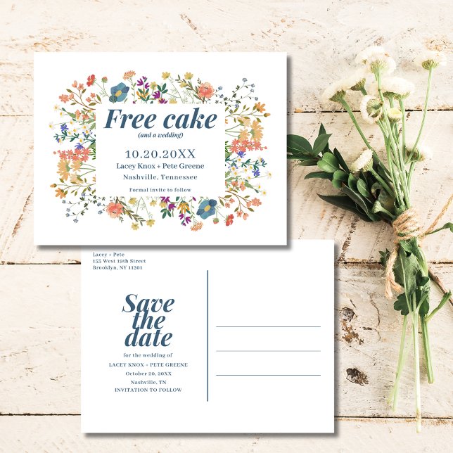 Carte Postale Faire-part Fleur sauvage Funny Free Cake Wedding Enregistrer  (Wildflower Funny Free Cake Wedding Save the Date )