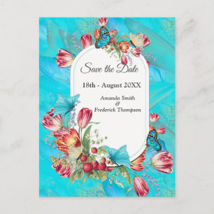 Carte Postale Faire-part Fleurs à l'aquarelle avec papillons visiteurs