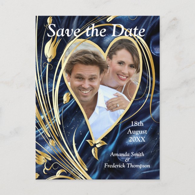 Carte Postale Faire-part Fleurs abstraites blanches et dorées sur soie bleu (Devant)