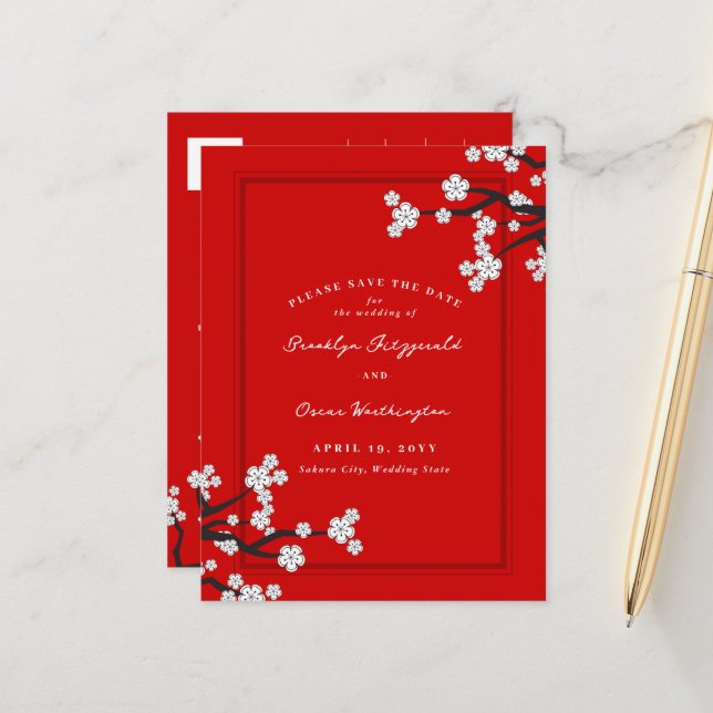 Carte Postale Faire-part Fleurs Blanches de Cerisier Sakura Asiatique Faire (Devant/Arrière en situation)