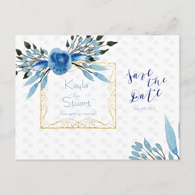 Carte Postale Faire-part Fleurs Bleues Aquarelle Enregistrer La Date Mariag (Devant)