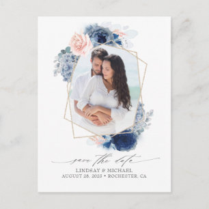 Carte Postale Faire-part Fleurs bleues et roses Enregistrer la photo Date