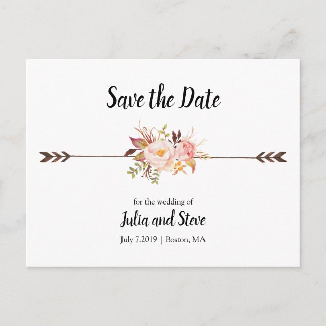 Carte Postale Faire-part Fleurs d'aquarelle bohème Élégante Enregistrer la  (Devant)