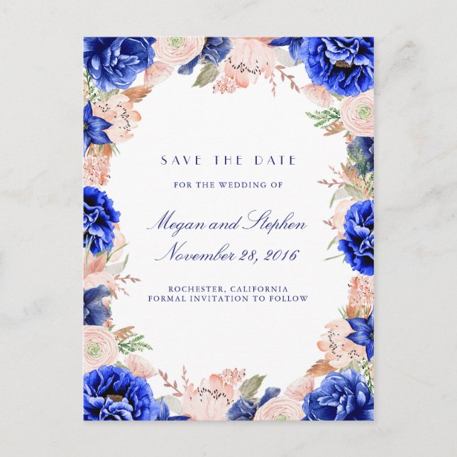 Carte Postale Faire-part Fleurs d'aquarelle marine et rose Enregistrer la d (Devant)