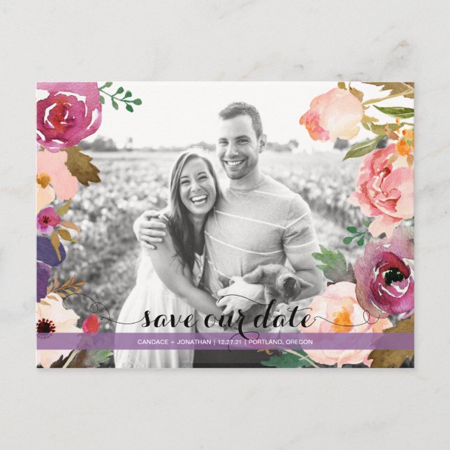 Carte Postale Faire-part Fleurs d'aquarelle rustique Boho Photo Enregistrer (Devant)