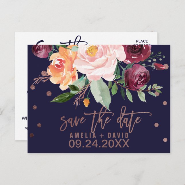 Carte Postale Faire-part Fleurs d'automne Rose Gold Save the Date (Devant / Derrière)