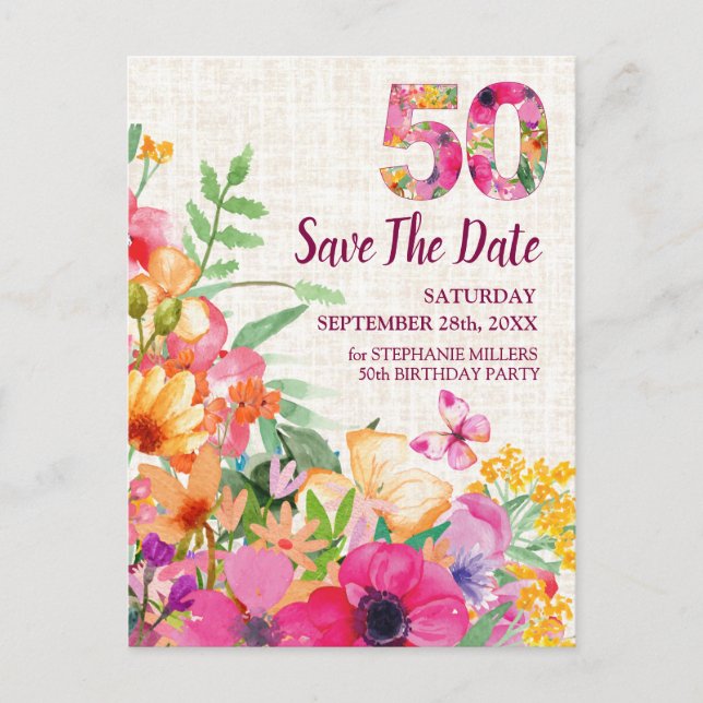 Carte Postale Faire-part Fleurs de 50 ans Lin floral 50e anniversaire (Devant)