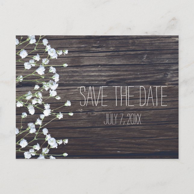 Carte Postale Faire-part Fleurs de bébé et bois rustique foncé Save Date (Devant)