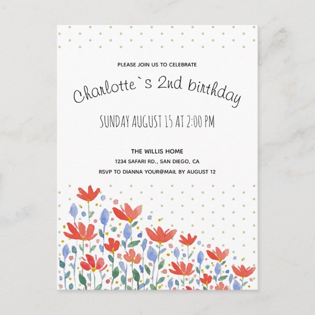 Carte Postale Faire-part Fleurs De Champ Aquarelle En Rouge Et Bleu Doux (Devant)