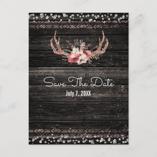 Carte Postale Faire-part Fleurs de glam rustiques et Boho Antlers Enregistr (Devant)