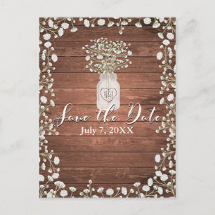 Carte Postale Faire-part Fleurs de Gypsophile & Bois Élégant Save the Date