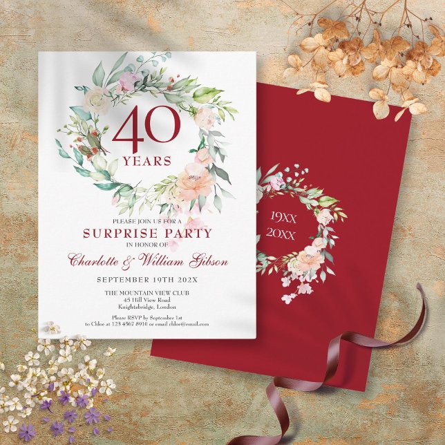 Carte Postale Faire-part Fleurs de la guirlande de la fête surprise du 40e  (40th Anniversary Surprise Party Roses Garland Announcement Postcard)