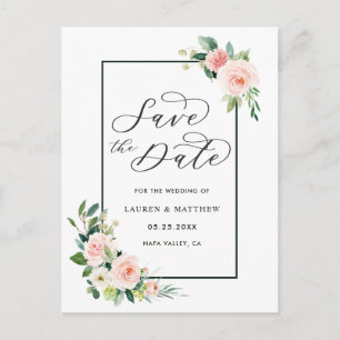 Carte Postale Faire-part Fleurs de mariage à l'aquarelle rose blush Save th