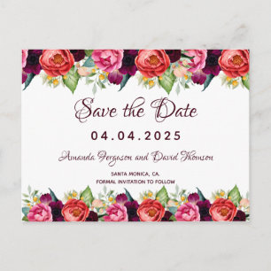 Carte Postale Faire-part Fleurs de mariage pour réserver la date rose et bl