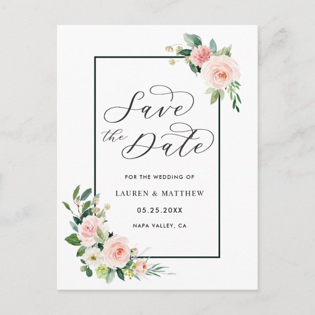 Carte Postale Faire-part Fleurs de peinture aquarelle rose Blush Mariage En (Devant)