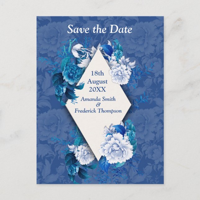 Carte Postale Faire-part Fleurs de rose blanche sur papier motif bleu (Devant)