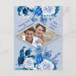 Carte Postale Faire-part Fleurs de rose blanche sur papier motif bleu