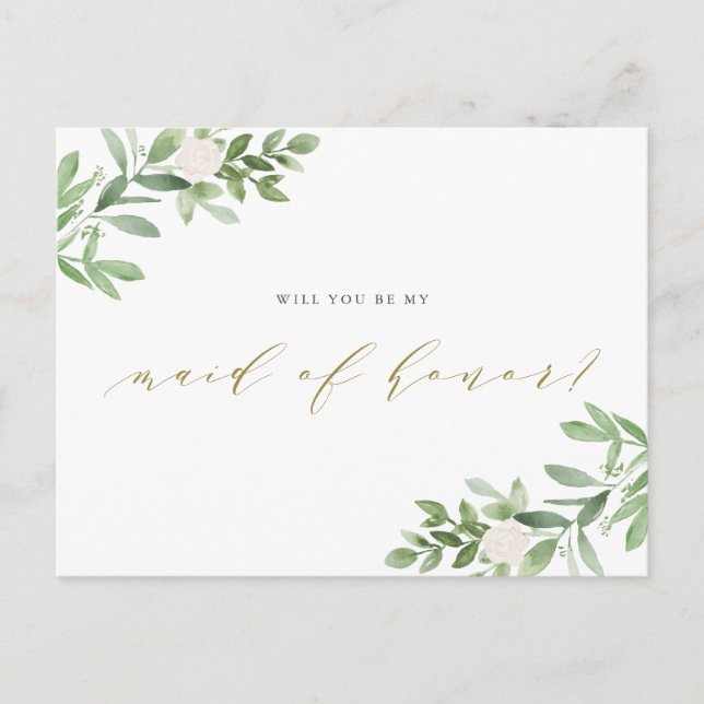 Carte Postale Faire-part Fleurs de verdure aquarelle Veux-tu être ma demois (Devant)