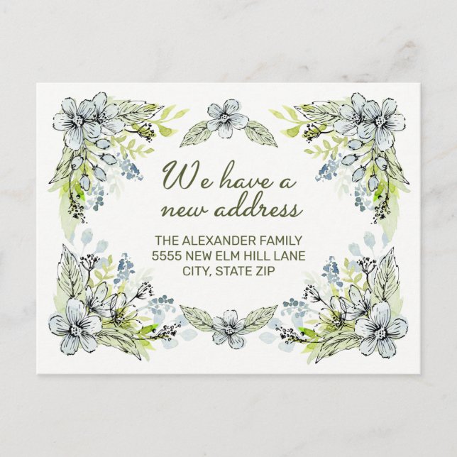 Carte Postale Faire-part Fleurs dessinées à main bleue verte Nouvelle adres (Devant)
