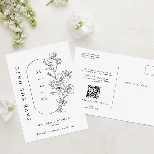 Carte Postale Faire-part Fleurs élégantes noires et blanches pour mariage,