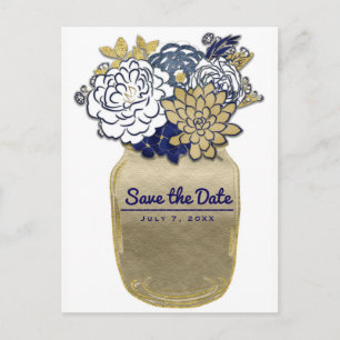 Carte Postale Faire-part Fleurs en pot Mason Rustique Bleu Or Save the Date