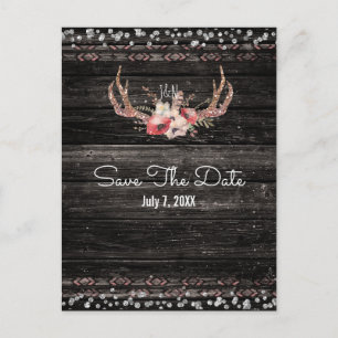 Carte Postale Faire-part Fleurs et bois de cerf Boho Glam Rustique Enregist