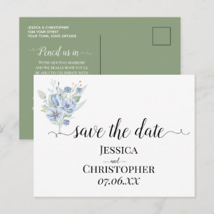 Carte Postale Faire-part fleurs et feuilles aquarelles bleu poussiéreux rus