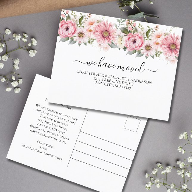 Carte Postale Faire-part Fleurs Florales Blanches Rose Écriture Mobile  (pink white floral watercolor flowers moving announcement postcard.)