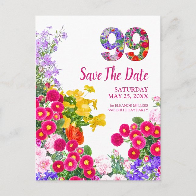Carte Postale Faire-part Fleurs florales pour le 99e anniversaire, moderne, (Devant)