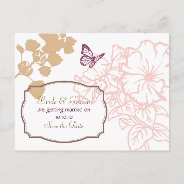 Carte Postale Faire-part Fleurs illustrées et papillons Jardin Mariage (Devant)