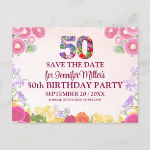 Carte Postale Faire-part Fleurs pour les 50 ans - Enregistrez la date - Pas