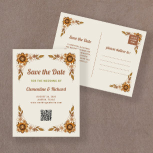 Carte Postale Faire-part Fleurs rétro   Code QR Mariage Enregistrer la date