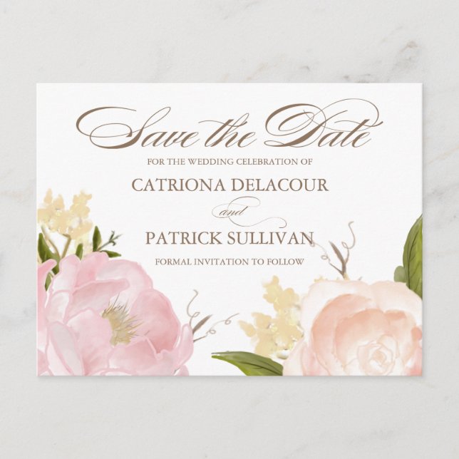 Carte Postale Faire-part Fleurs roses aquarelles romantiques Save The Date (Devant)