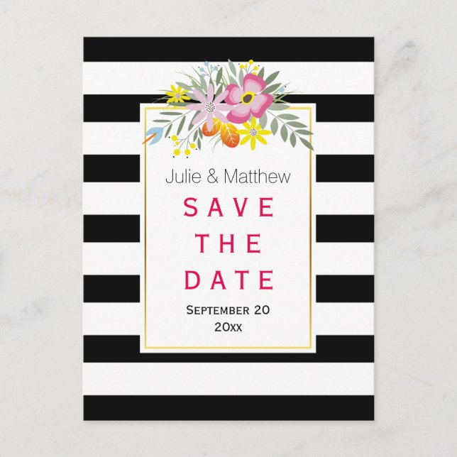Carte Postale Faire-part Fleurs roses et rayures mariage Save the Date (Devant)