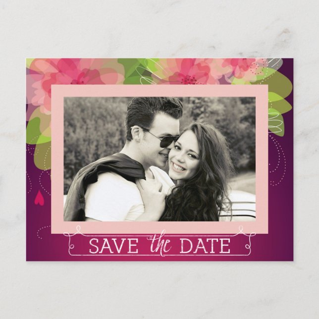 Carte Postale Faire-part Fleurs roses et violettes Save the Date (Devant)