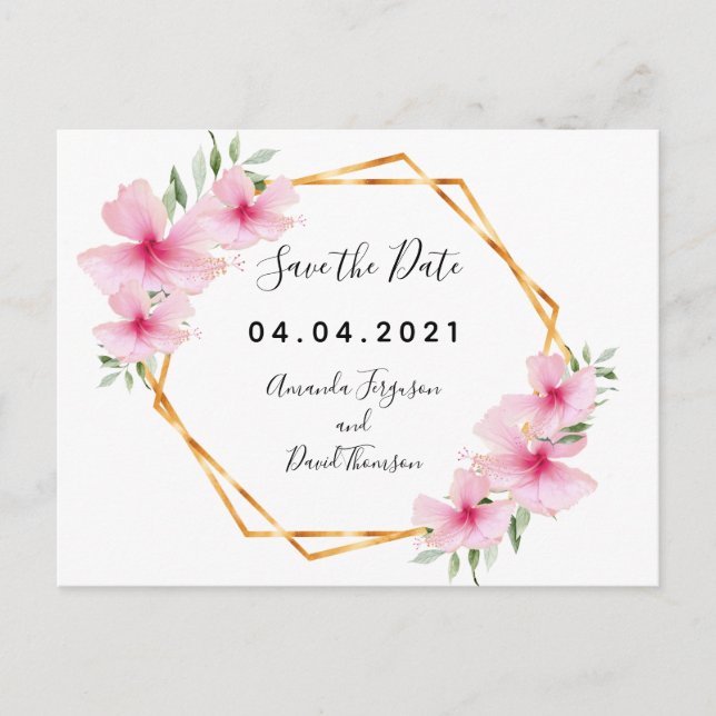 Carte Postale Faire-part Fleurs roses or géo mariage Enregistrer la date (Devant)