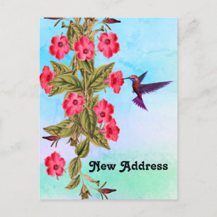 Carte Postale Faire-part Fleurs rouges de colibri sur fond de nuances bleue