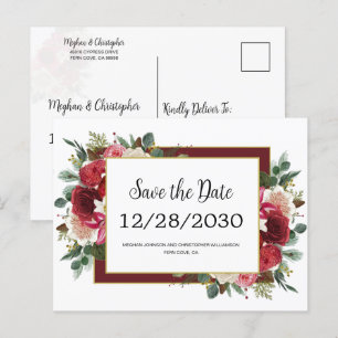 Carte Postale Faire-part Fleurs Rouges Rustiques Mariage d'Hiver Enregistre