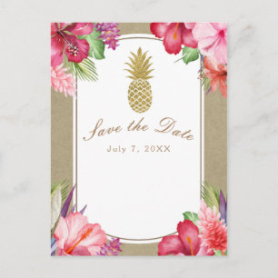 Carte Postale Faire-part Fleurs Tropicales & Ananas Doré Enregistrez la Dat