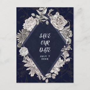 Carte Postale Faire-part Fleurs Vintage Diamant Bleu Marine Enregistrez la 