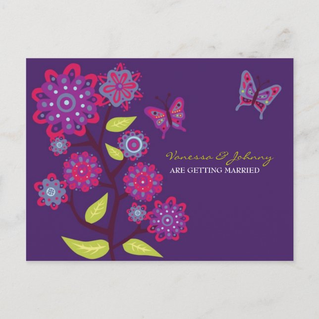 Carte Postale Faire-part Fleurs violettes funky Mariage Enregistrer la date (Devant)