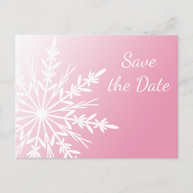 Carte Postale Faire-part Flocon de neige rose blanc Mariage d'hiver Enregis (Devant)