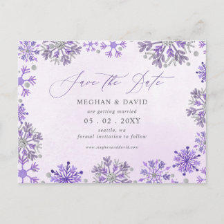 Carte Postale Faire-part Flocons de Neige Argent Violet Noël Hiver Mariage