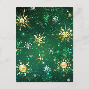Carte Postale Faire-part Flocons de neige dorés de Noël sur fond vert