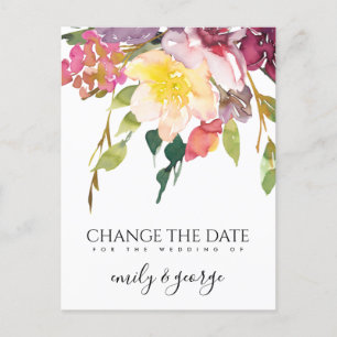 CARTE POSTALE FAIRE-PART FLORA JAUNE ROSE BOURGOGNE MARIAGE CHANGER LA DATE