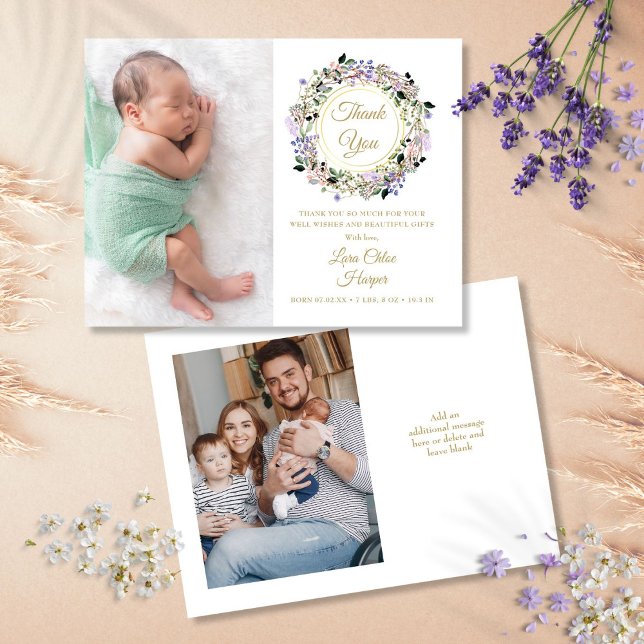 Carte Postale Faire-part Floral Baby 2 Photo Gold Merci naissance (Floral Baby 2 Photo Gold Thank You Birth Announcement Postcard)