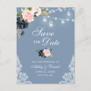 Carte Postale Faire-part Floral bleu rose bleu foncé Enregistrer la date