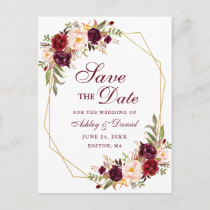 Carte Postale Faire-part Floral Bourgogne Gold Frame Enregistrer la date