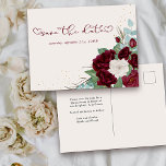 Carte Postale Faire-part Floral de Rose de Bourgogne et d'Ivoire Enregistre<br><div class="desc">Floral Enregistrer la date Carte postale pour customiser pour toute occasion. Le design a des roses en rouge bordeaux et ivoire avec des confettis d'or, du feuillage et des feuilles d'eucalyptus. Sauver la date est écrit à la main avec des fioritures de coeur d'amour. Le modèle est configuré pour que...</div>